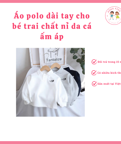 Áo POLO Dài Tay Cho Bé Trai Chất Nỉ Da Cá.